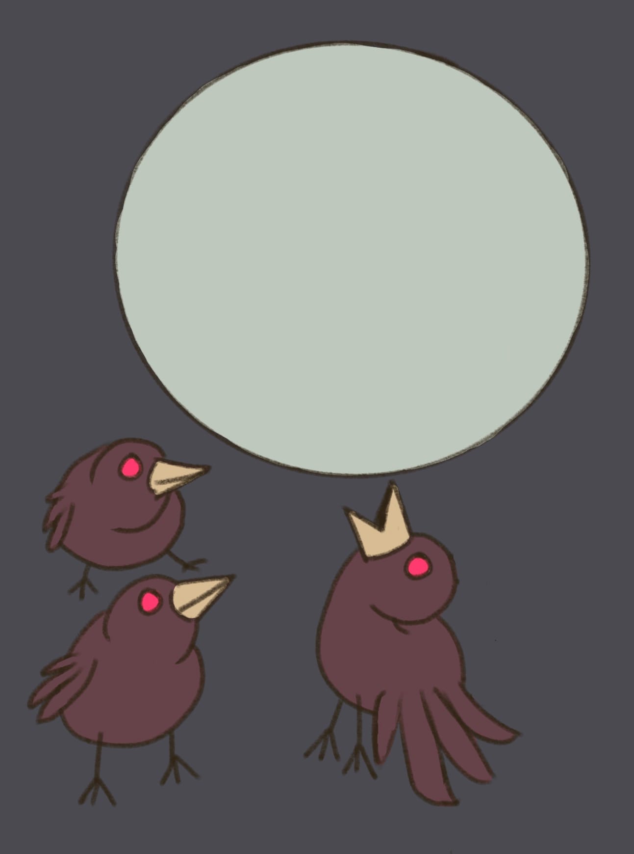 Sketch depicting three small birds and a moon.