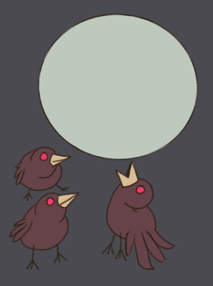 Simple sketch featuring three small birds and a moon.
