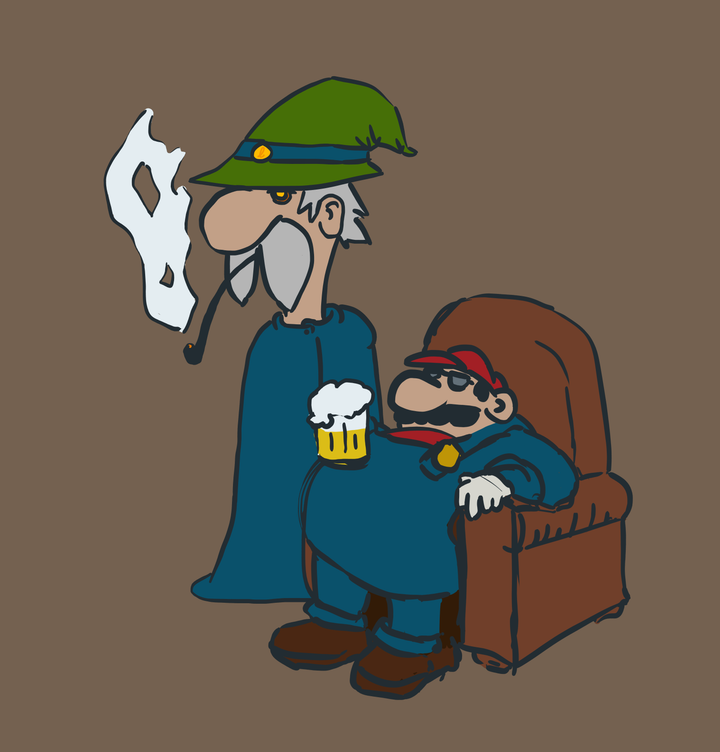  A sketch depicting a grey wizard with a green hat having a smoke next to his old friend in a red hat having a beer.